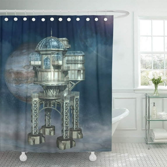 Libin Blue SciFi Steampunk Fantasy Station 3D Architecture Building Construction Environment Shower Curtain 66x72 inch