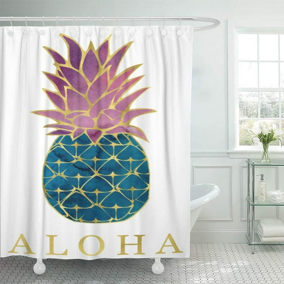 Libin Blue Tropical Colorful Watercolor Pineapple and Gold Purple Hawaiian Shower Curtain 60x72 inch