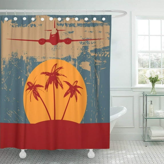 Libin Blue Vintage Tropical Beach Travel Retro Palm Tree Tourism Flier Silhouette Advert Polyester Shower Curtain Bathroom Decor 66x72 inches