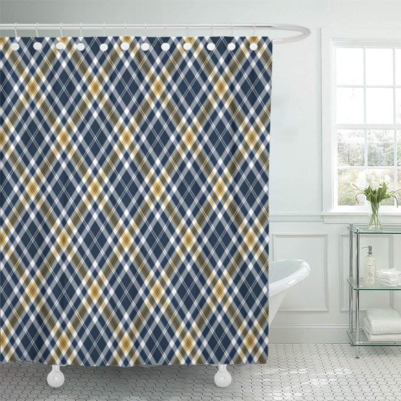 Libin Blue White and Yellow Gold Plaid Tartan Pattern Shower Curtain 66x72 inch