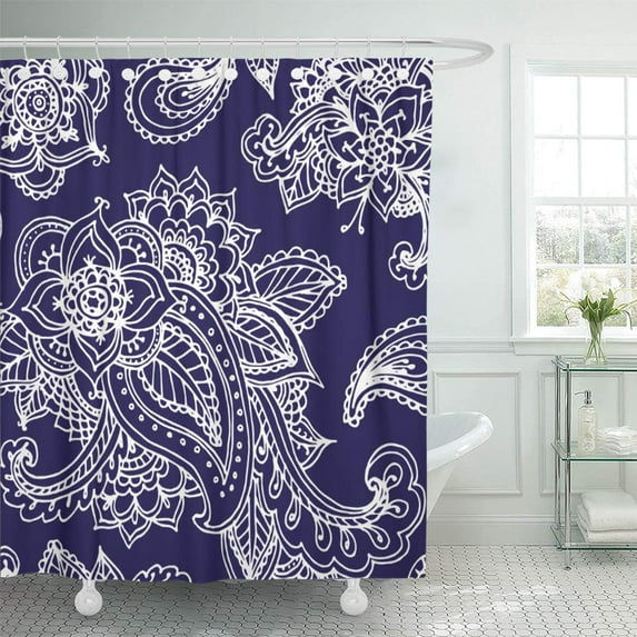 Libin Boho Blue Bohemian Paisley Henna Mehndi Floral Elegant Shower Curtain 66x72 inch