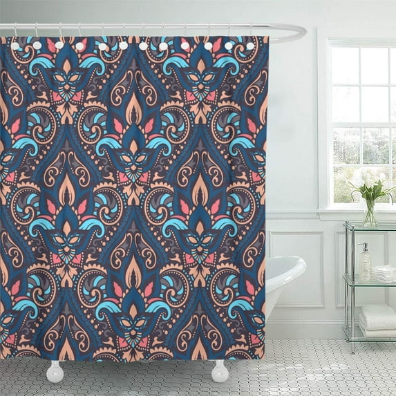Libin Boho Vector Damask Seamless Pattern Motif Floral Hippie Elaborate Paisley Shower Curtain 66x72 inch