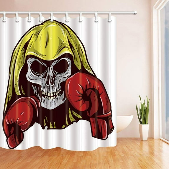 Libin Boxing Decor Skull with Boxing Leather Gloves Red Polyester Fabric Bathroom Shower Curtain 66x72 inches