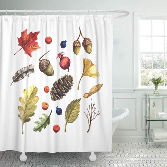 Libin Brown Tree of in Autumn Watercolor Leaves Pine Cones Shower Curtain 60x72 inch