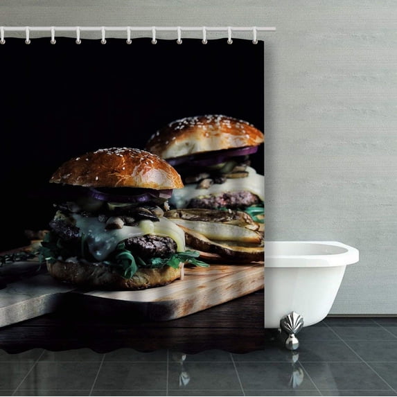 Libin Burger With Mushrooms Arugula Tabasco Sauce Gruyere Cheese Brioche Bun Shower Curtain Bathroom Curtain 60x72 inches