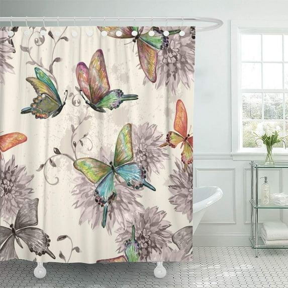 Libin Butterfly Vintage Flying Butterflies Watercolor Painting Watercolour Oriental Flower Shower Curtain 66x72 inch
