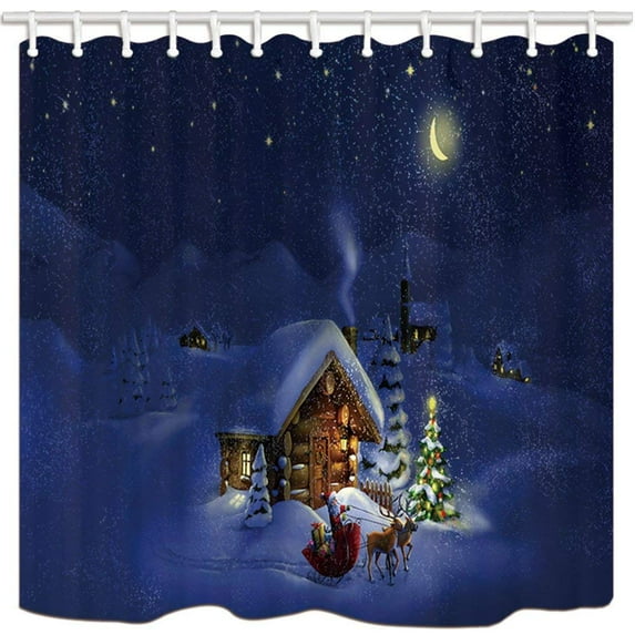 Libin CHristmas Santa Reindeer Log Cabin Starry Sky Polyester Fabric Bathroom Shower Curtain 66x72 inches