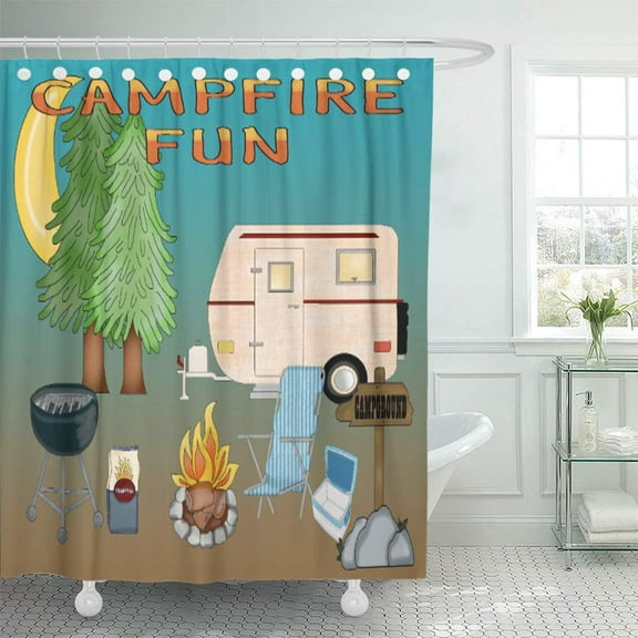 Libin Camp Camping Fun Camper Campifre Pine Trees Grill Charcoal Shower Curtain 66x72 inch