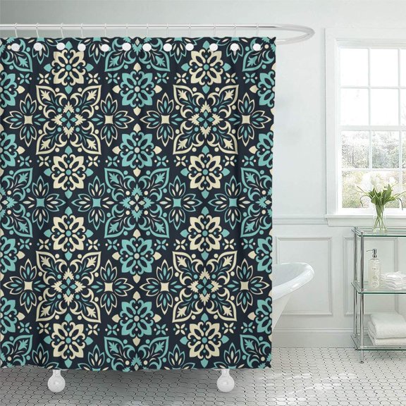 Libin Carpet Beige Batik Boho Flower Pattern Beautiful Cultural Curve Shower Curtain 66x72 inch