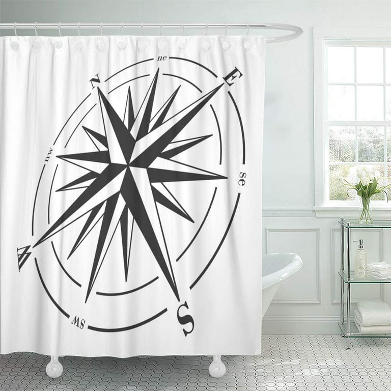 Libin Cartography Black Angle Compass Rose White Raster Arrow Direction  Shower Curtain 60x72 inch 