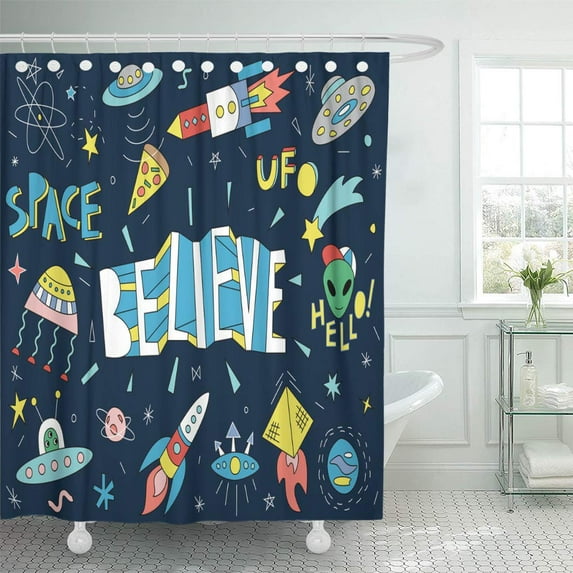 Libin Cartoon Alien of Weird Space Astronaut Cosmic Cute Doodle Shower Curtain 60x72 inch