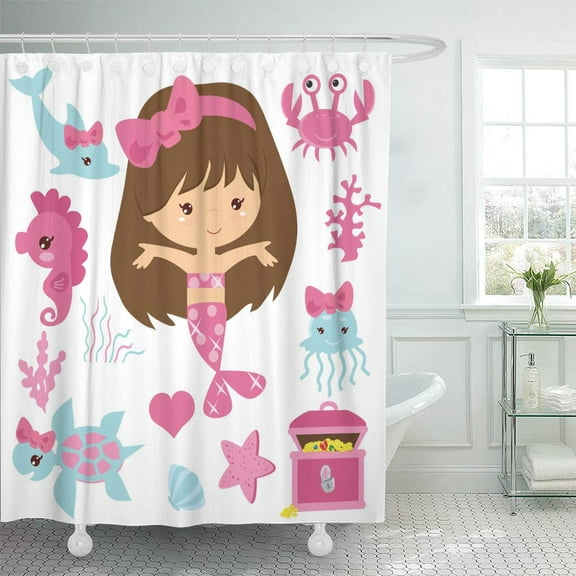 Libin Cartoon Mermaid Vector Illustration Little Sea Crab Cute Funny Shower Curtain 66x72 inch