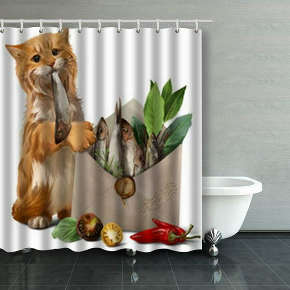 Libin Cat Got Fish Letter Kitten Shower Curtains Bathroom Curtain 66x72 Inch