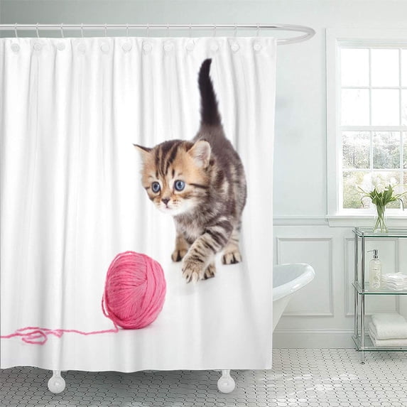 Libin Cat Tabby British Kitten Playing Red Clew Ball Pet Shower Curtain 60x72 inch