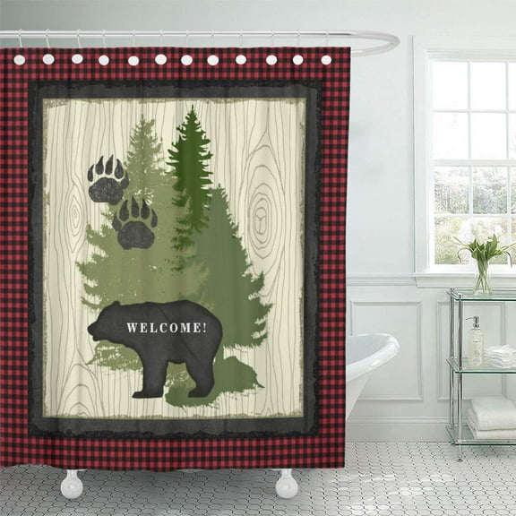 Libin Chalkboard Lumberjack Plaid Bear Paw Welcome Cabin Rustic Woodsy Shower Curtain 66x72 inch