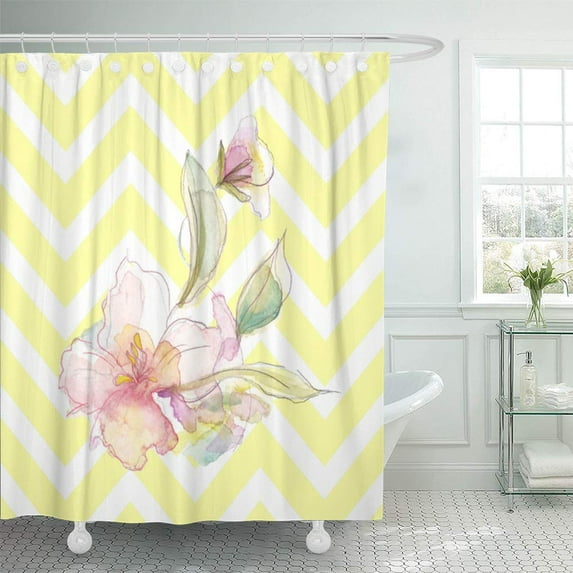 Libin Chevron Lemon Yellow Watercolor Floral Stripes Pattern Girly Spring Shower Curtain 60x72 inch