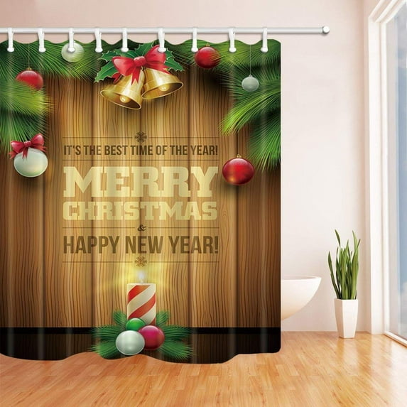 Libin Christmas Bells Pine Needles and Color Ball Wood Stripes Backdrop Polyester Fabric Bath Curtain, Bathroom Shower Curtain 66x72 inches