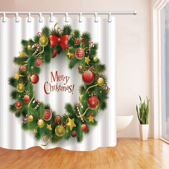 Libin Christmas Christmas Gifts and Green Plants Make Up Wreaths Against White Backdrop Polyester Fabric Bath Curtain, Bathroom Shower Curtain 66x72 inches