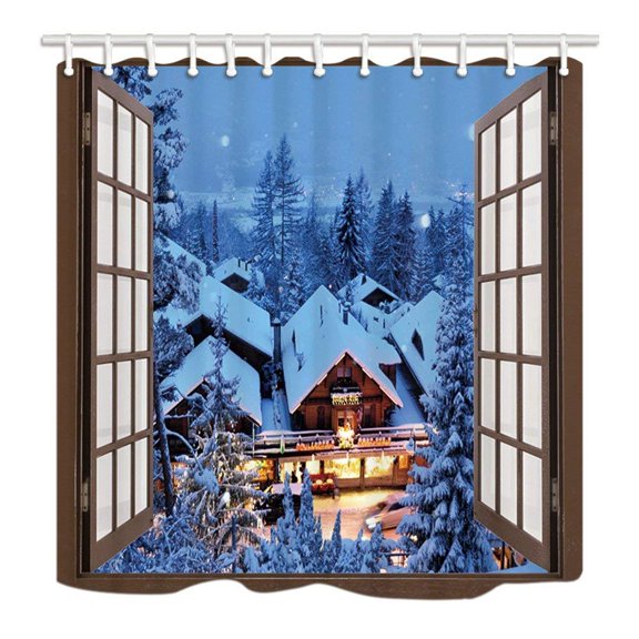 Libin Christmas Snowy Night Wooden Window See the Village in Window Pine Forest Polyester Fabric Bathroom Shower Curtain 66x72 inches