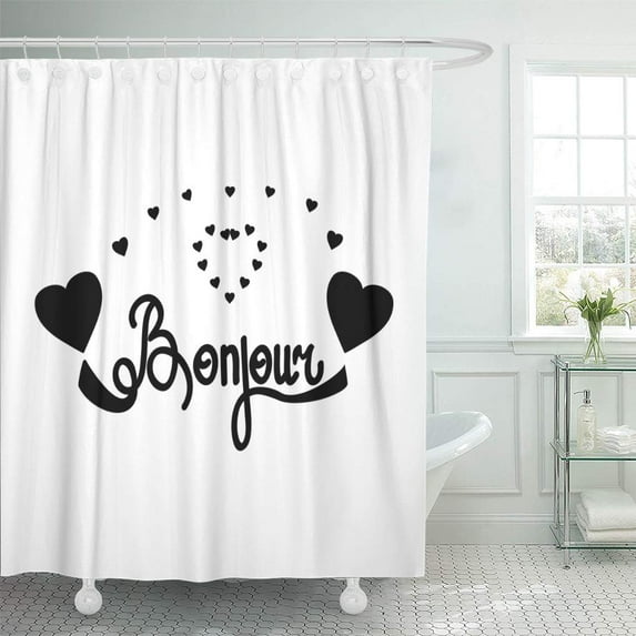Libin Circle Lettering Bonjour and Heart Black Graphic Modern Abstract Colorful Shower Curtain 60x72 inch