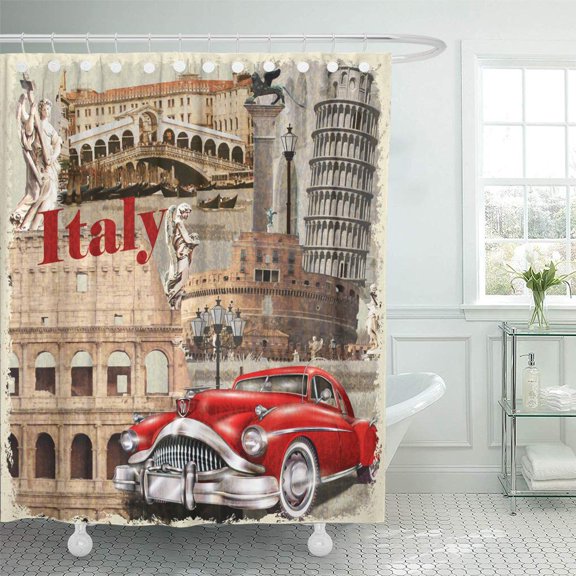Libin Collage Italy Vintage Italian Travel Venice Rome Europe Retro Shower Curtain 66x72 inch