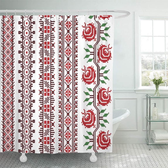 Libin Collar Traditional Romanian Folk Knitted Pattern Collection Cross Culture Shower Curtain 66x72 inch
