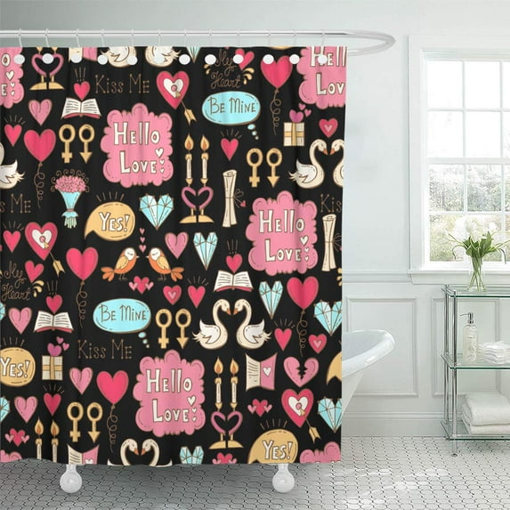 Libin Colored Symbols of Valentine Day on Black Color The Shower Curtain 66x72 inch