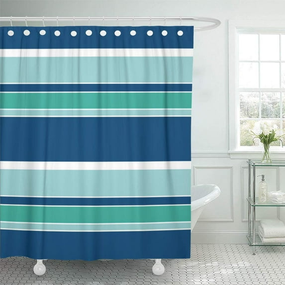 Libin Colorful Bright Teal Blue Seafoam Green White Stripes Sunny Shower Curtain 66x72 inch