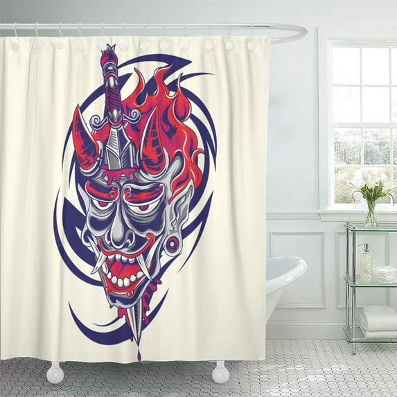 Libin Colorful Devil ese Demon Face Dagger and Tribal Tattoo Shower Curtain 60x72 inch