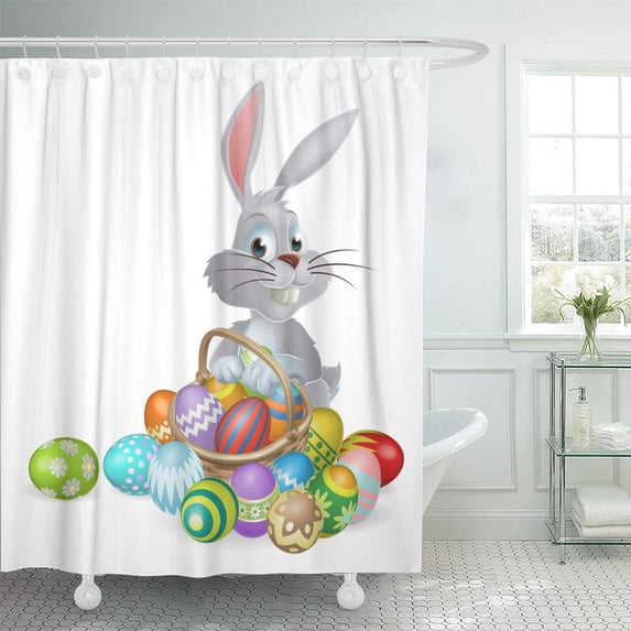Libin Colorful Easter Bunny White Rabbit Basket of Chocolate Eggs Shower Curtain 60x72 inch