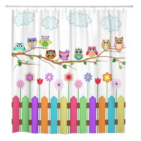 Libin Colorful Flower Cute Owls on Branch Cartoon Tree Character Bathroom Shower Curtain 60x72 inch
