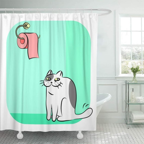 Libin Colorful Toilet and Cute Cat on Green Cartoon Shower Curtain 60x72 inch