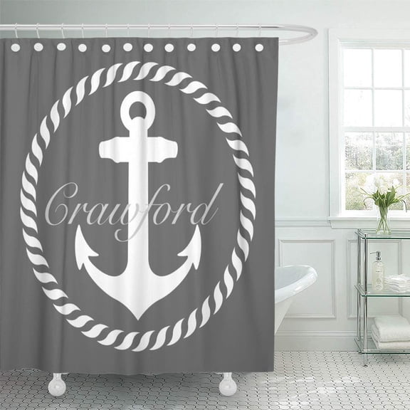 Libin Custom Preppy Dark Gray Nautical Anchor Monogram Wedding Personalized Shower Curtain 66x72 inch
