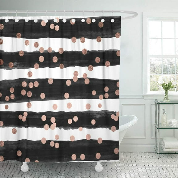 Libin Customizable Chic Rose Gold Confetti Black Watercolor Girly Elegant Shower Curtain 66x72 inch