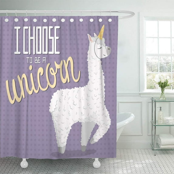 Libin Cute Cartoon Lama Alpaca Unicorn Horn Polka Dot Lettering Shower Curtain 66x72 inch