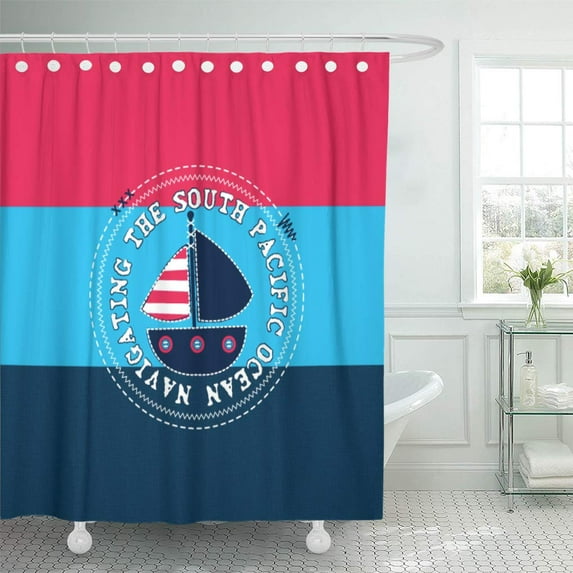 Libin Cute Sailboat Cartoon on Striped Sailor Yachting Adorable Adventure Shower Curtain 60x72 inch