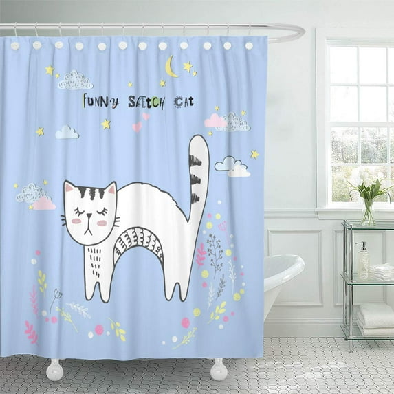 Libin Cute Vector Cartoon Kawaii Cat Clouds Stars Heart Imitation Shower Curtain 66x72 inch