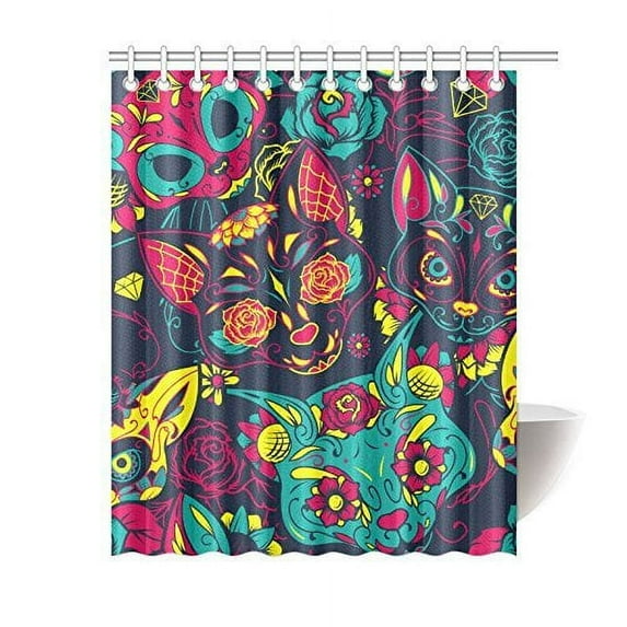Libin Day Of The Dead Colorful Sugar Cat SkullShower Curtain Bathroom Decor 66x72 Inch