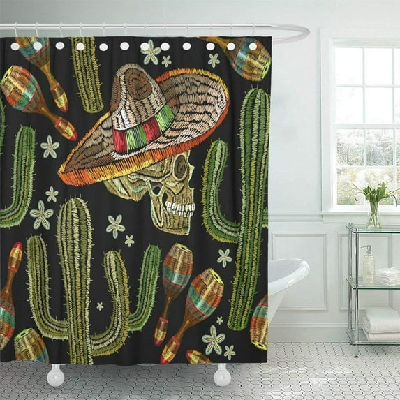 Libin Death Embroidery Mexican Culture Human Skull Sombrero Maracas Cactus Classical Ethnic Kull in Chili Shower Curtain 60x72 inch
