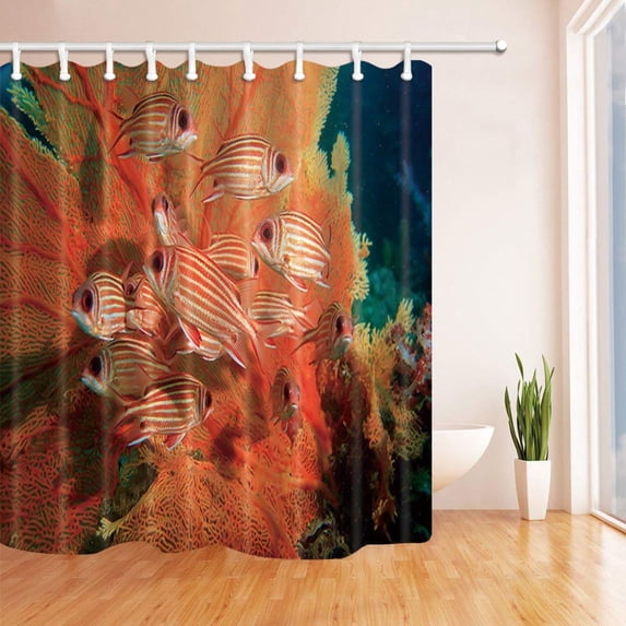 Libin Deep Sea Decor Fish Swim Beside Coral Red Orange Polyester Fabric Bathroom Shower Curtain 66x72 inches
