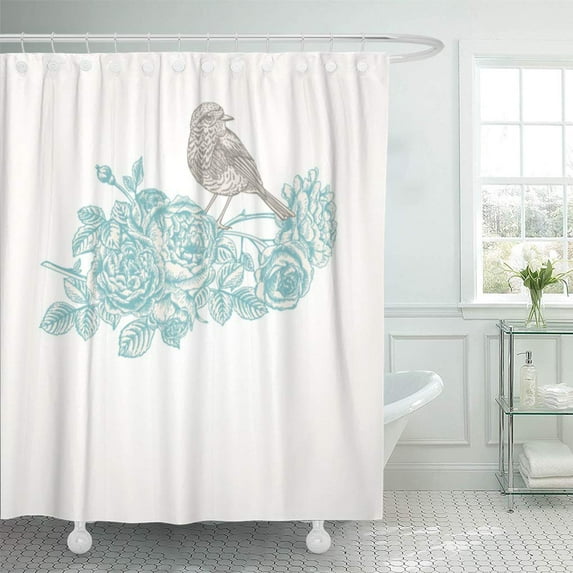Libin Drawing Blue Victorian Vintage Roses and Birds Botanical English Shower Curtain 66x72 inch