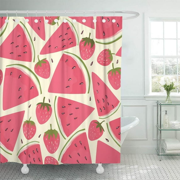 Libin Drawn Pink Berry Watermelon Slices and Strawberry Diet Flat Shower Curtain 60x72 inch