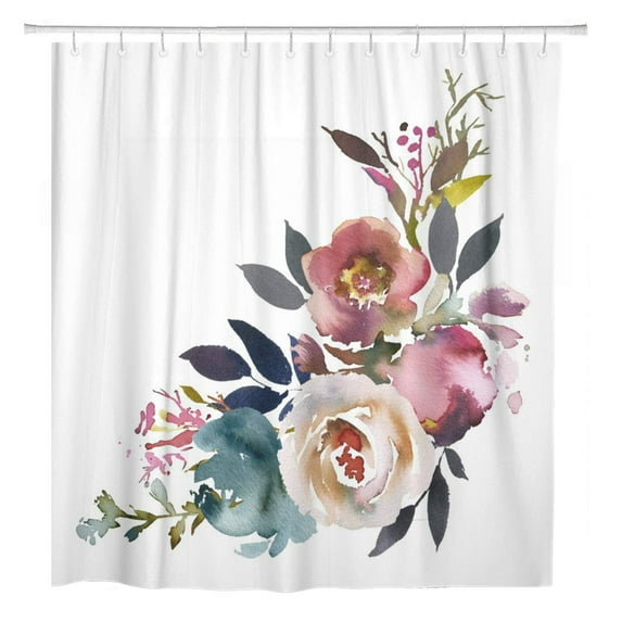 Libin Dusk Blue Pale Pink Gray White Watercolor Floral Corner Shower Curtain 66x72 inch