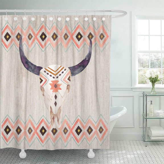 Libin Earth Southwestern Steer Skull and Tribal Tones Shower Curtain 66x72 inch