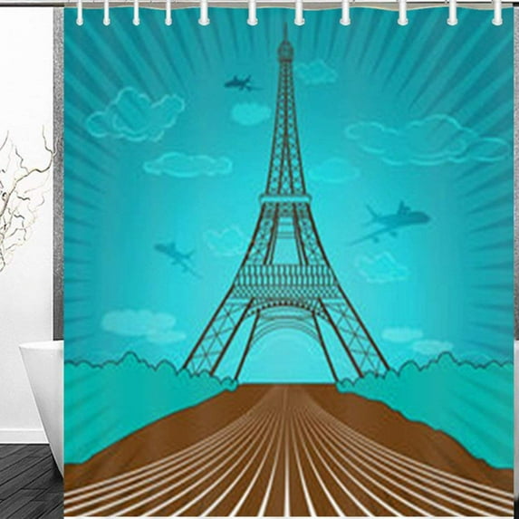 Libin Eiffel Tower Against Blue Buildings Landmarks Airplane Signs Symbols Shower Curtain 60x72 Inches