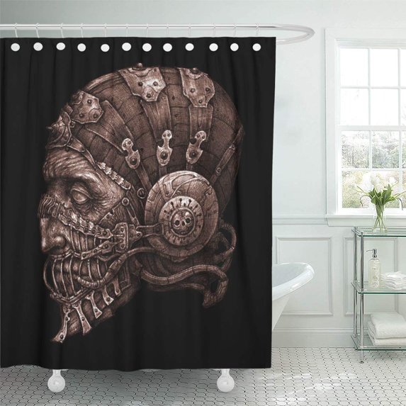 Libin Fantastic Character in Helmet Mask Black and White Cyberpunk Steampunk Shower Curtain 60x72 inch