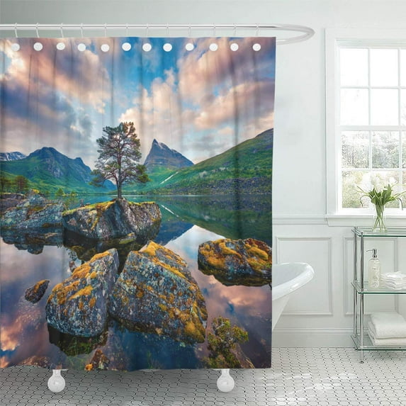 Libin Fantastic Summer Sunrise Innerdalsvatna Lake Colorful Morning Scene in Norway Shower Curtain 60x72 inch