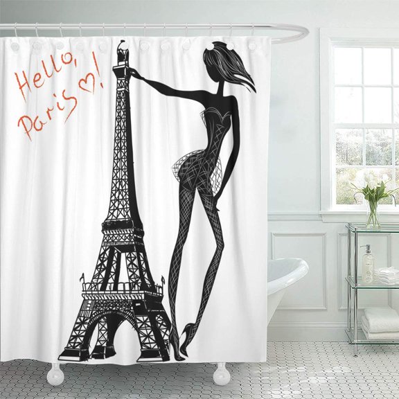 Libin Figure Hello Paris Girl Near Eiffel Tower Model Beautiful Beauty Shower Curtain 60x72 inch