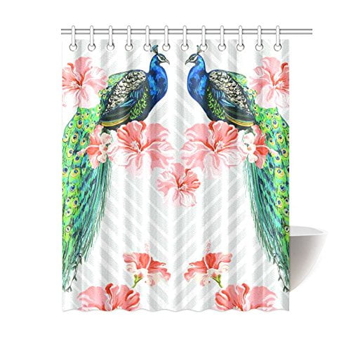 Libin Floral Chevron Pattern Shower Curtain, Blossom Flowers Elegant Peacock Polyester Fabric Shower Curtain Bathroom Sets 60x72 Inches