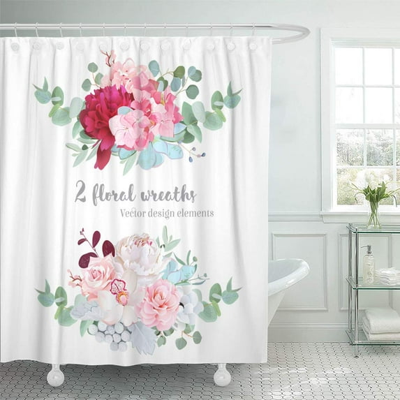 Libin Floral Mix Wreath White and Burgundy Red Peony Pink Shower Curtain 60x72 inch